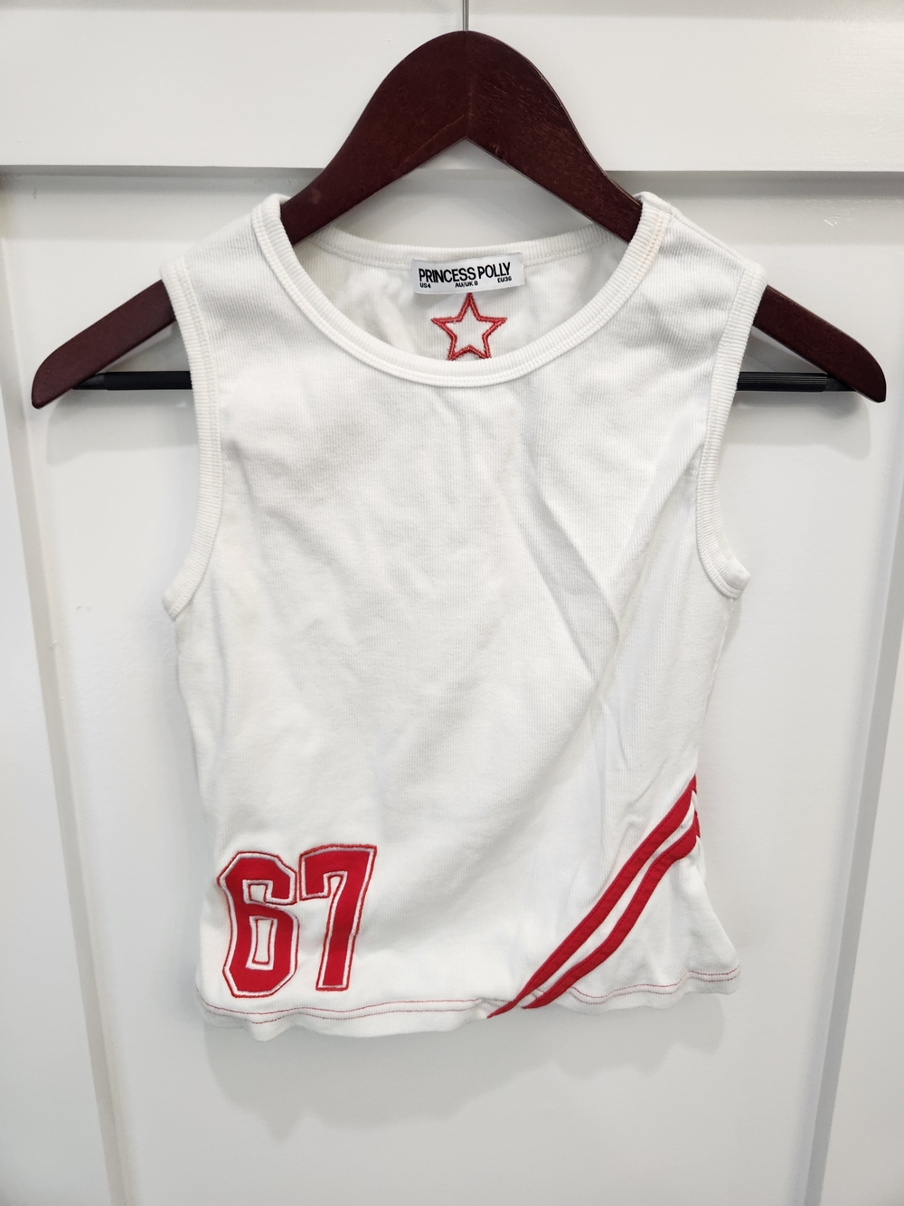 Princess Polly White Tank Top with Red Athletic Details